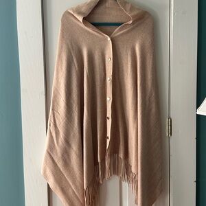 Elegant Tan Buttoned Shawl with Fringe